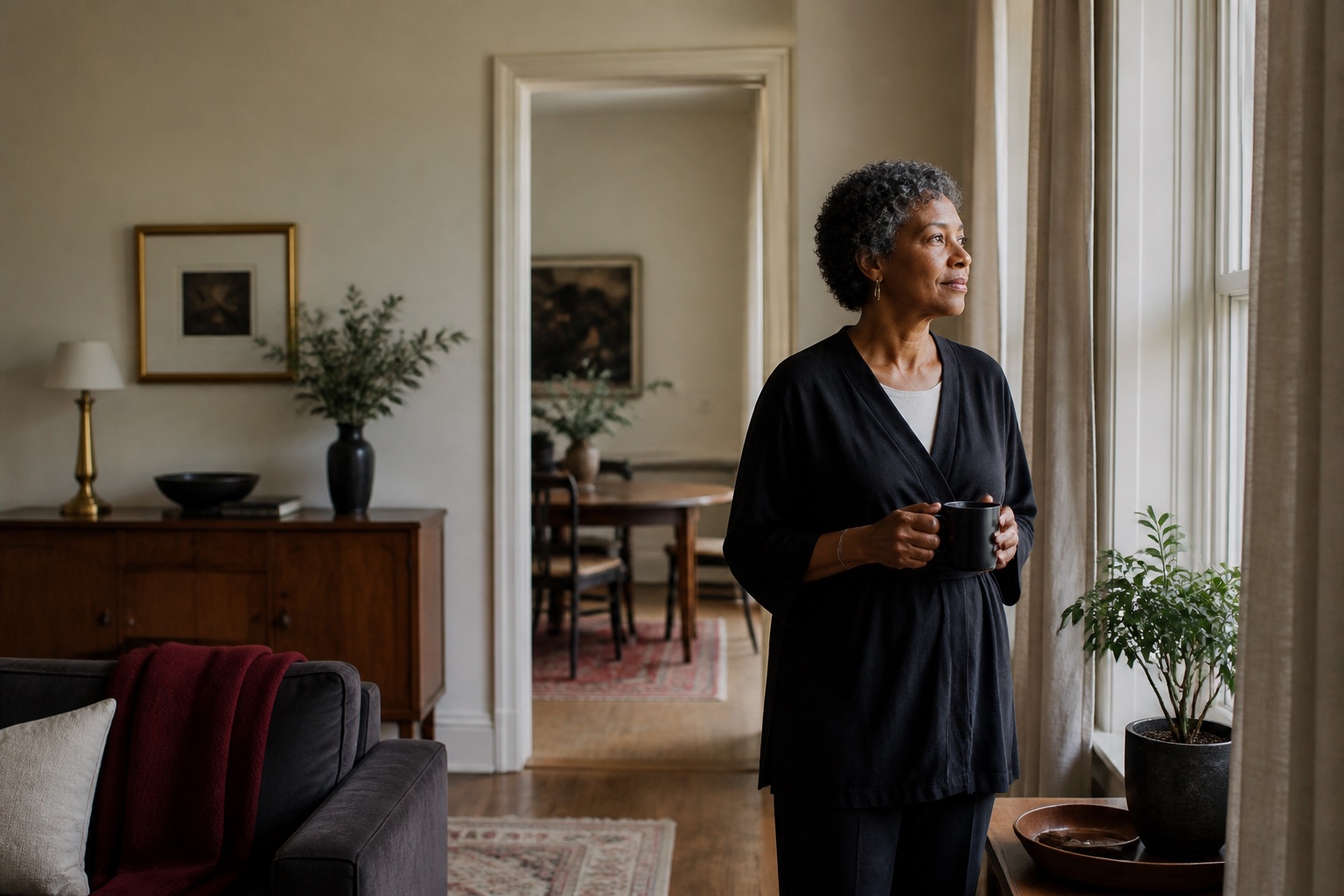 An independent older adult enjoying coffee beside a window in a warm furnished living room