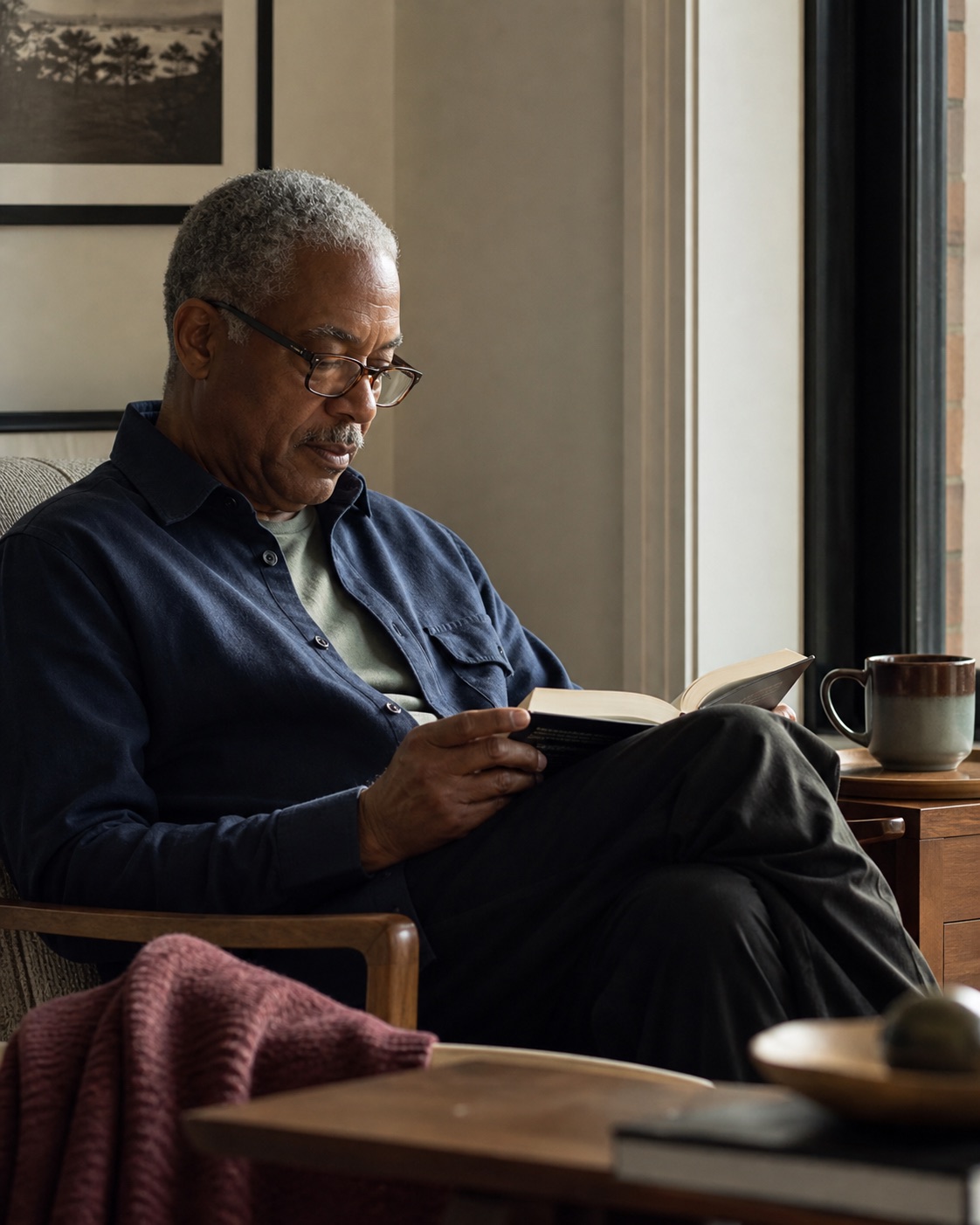 An independent older adult reading beside a window at home